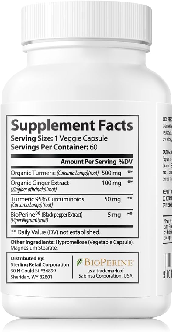 Turmeric with Ginger Capsules - Natural Dietary Supplement, 60 Vegan Capsules