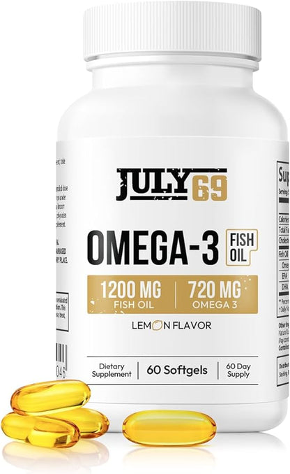 Omega 3 Fish Oil - 1200 MG Fish Oil, 720 MG Omega 3, Lemon Flavor, 60 Softgels