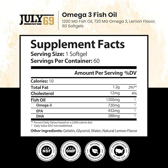 Omega 3 Fish Oil - 1200 MG Fish Oil, 720 MG Omega 3, Lemon Flavor, 60 Softgels