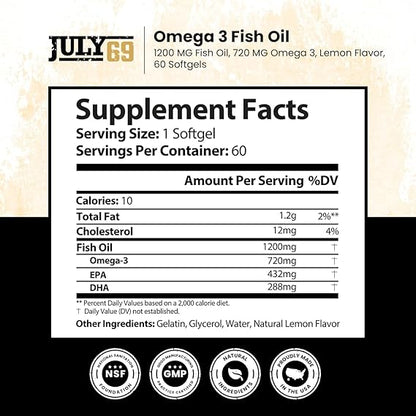 Omega 3 Fish Oil - 1200 MG Fish Oil, 720 MG Omega 3, Lemon Flavor, 60 Softgels