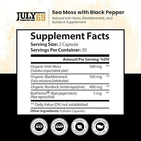 Sea Moss with Black Pepper - Natural Irish Moss, Bladderwrack, and Burdock Supplement