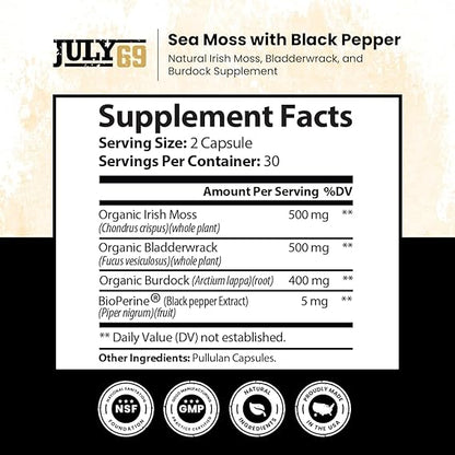 Sea Moss with Black Pepper - Natural Irish Moss, Bladderwrack, and Burdock Supplement